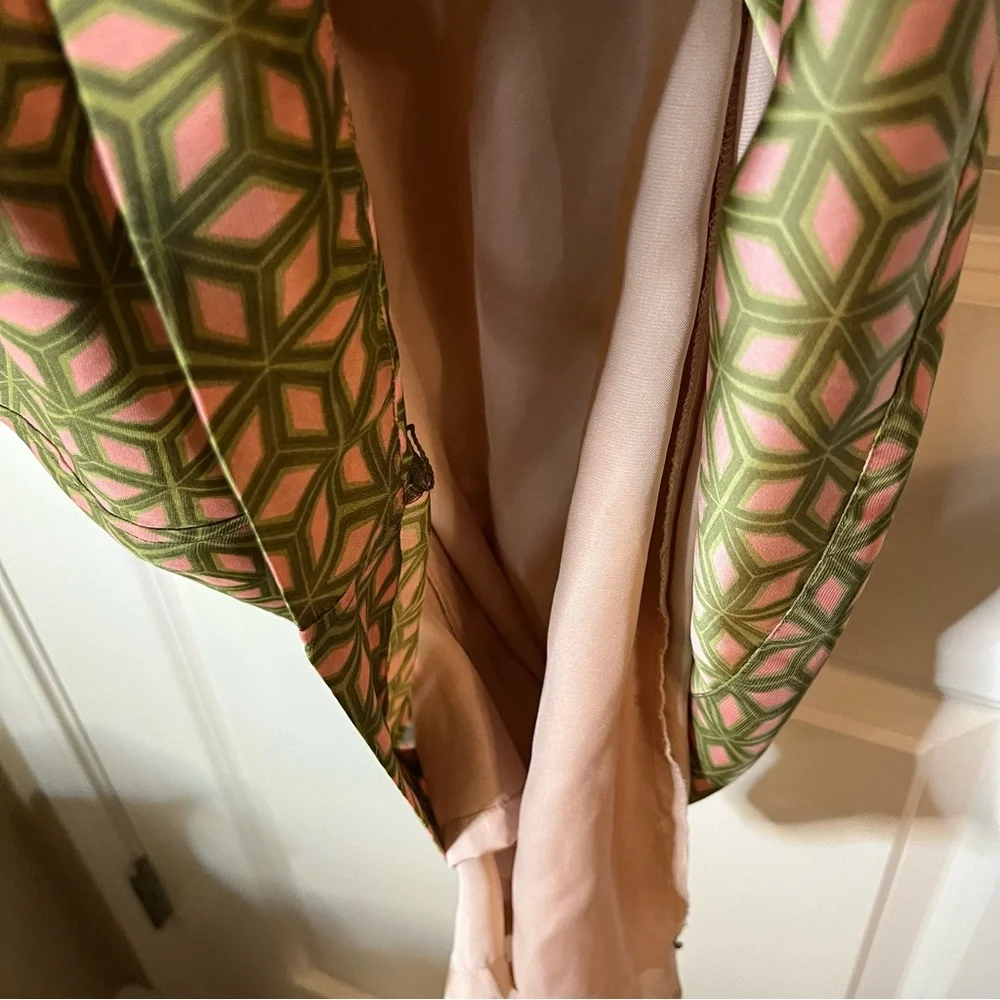 Retro Fossil A-Line Dress | Mid Century Mod Pink Green Geometric Pattern Size M